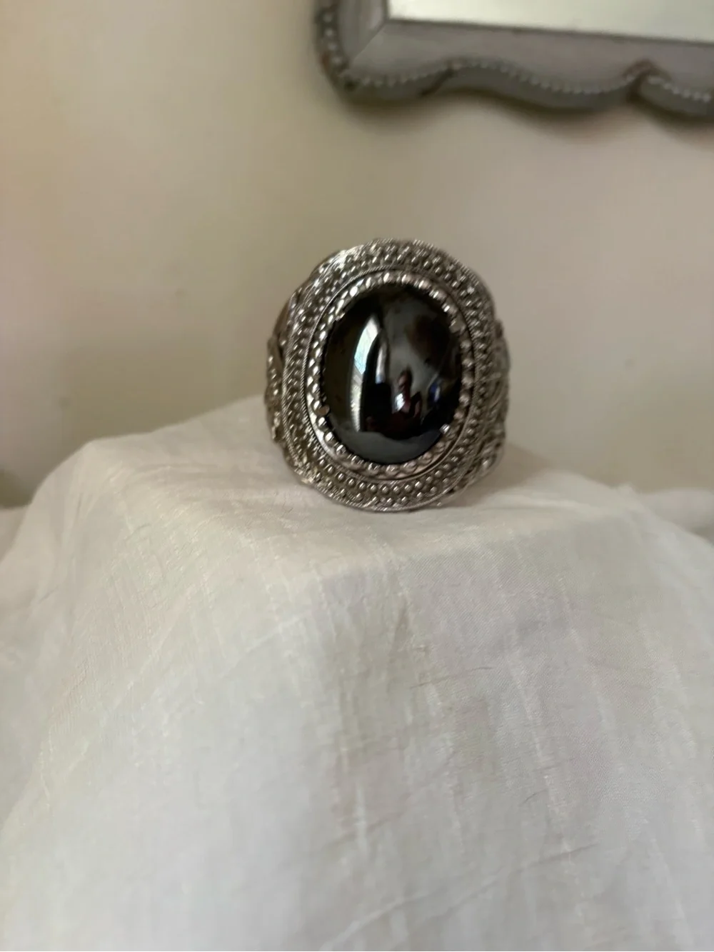 Vintage-Inspired Silver Bracelet with Black Hematite Center